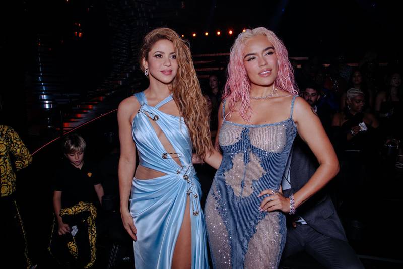 NEWARK, NEW JERSEY - SEPTEMBER 12: Shakira and Karol G attend the 2023 MTV Video Music Awards at Prudential Center on September 12, 2023 in Newark, New Jersey. (Photo by Catherine Powell/Getty Images for MTV)